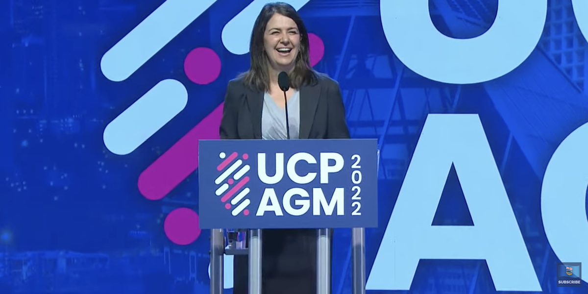 A screenshot of Alberta Premier Danielle Smith during her speech to the United Conservative Party annual general meeting in Edmonton Saturday.