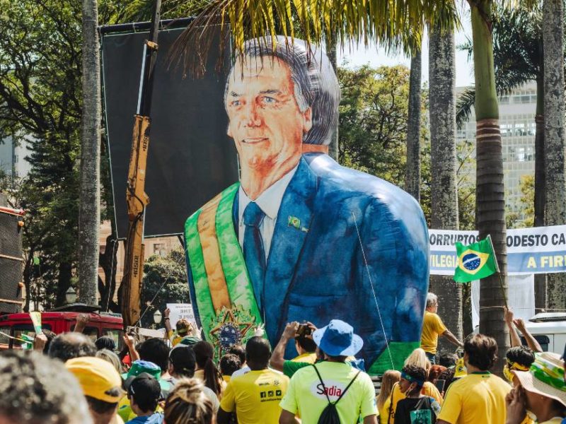A photo of a parade float featuring the likeness of populist Brazilian President Jair Bolsonaro.