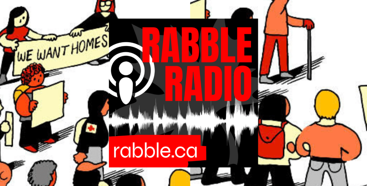 A photo of rabble radio logo on a cartoon image of people protesting