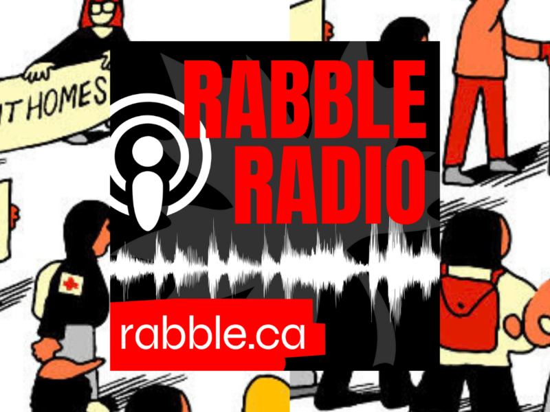 A photo of rabble radio logo on a cartoon image of people protesting