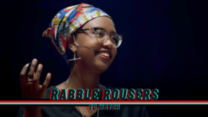 A photo of Bianca Mugyenyi and the rabble rousers to watch logo.