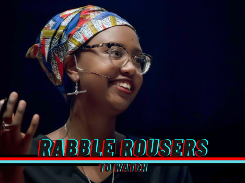 A photo of Bianca Mugyenyi and the rabble rousers to watch logo.