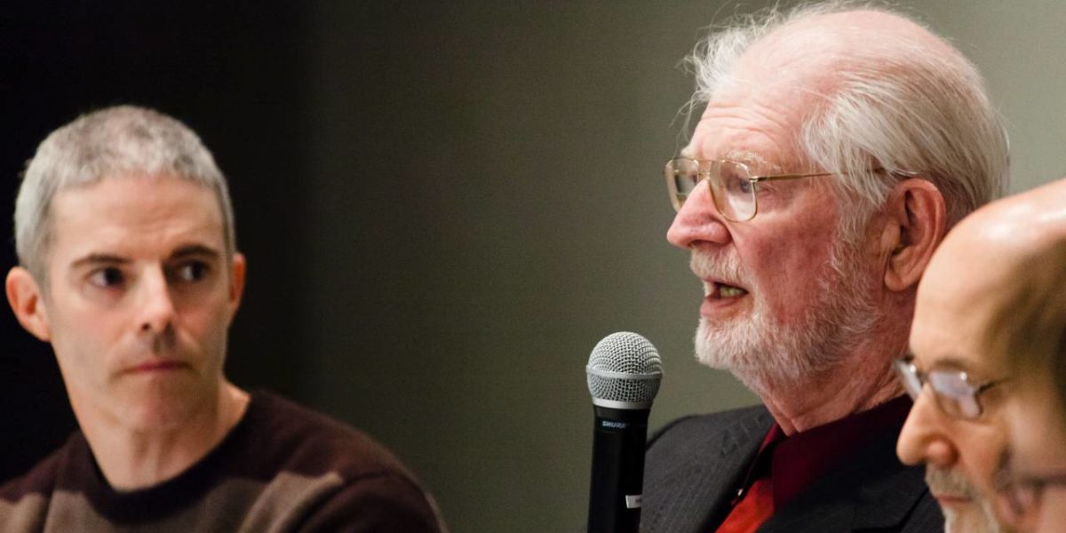 A photo of economist Herman Daly speaking during the Growth and the Future of the Chesapeake Bay conference at Hood College in Frederick, MD in 2015.