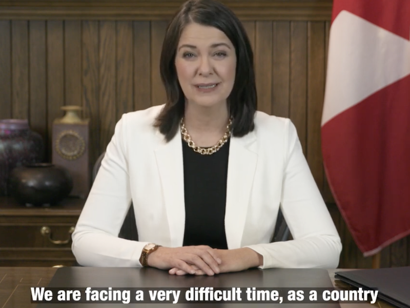 A screenshot of Danielle Smith as she addresses Albertans in her nine-minute recorded speech yesterday.