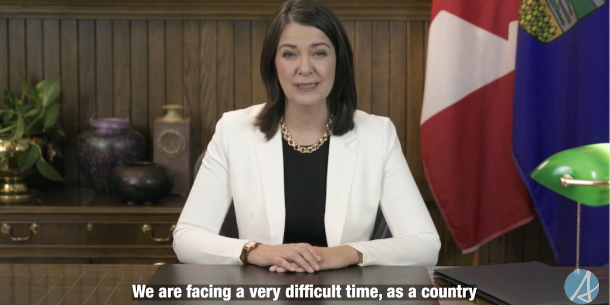 A screenshot of Danielle Smith as she addresses Albertans in her nine-minute recorded speech yesterday.