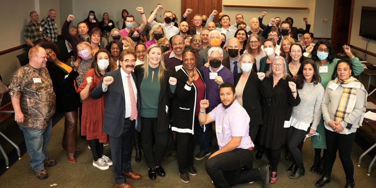 A photo of members of the labour movement showing solidarity with CUPE Ontario.