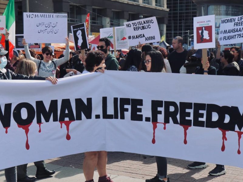 A photo of a protest in Canada in support of women in Iran.