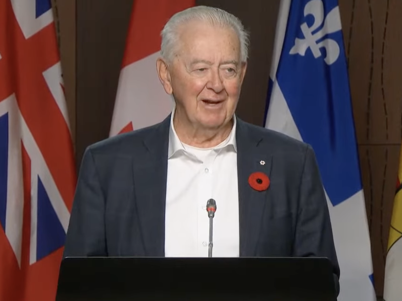 A screenshot of Preston Manning at yesterday’s Ottawa news conference about his planned partisan pandemic inquiry.