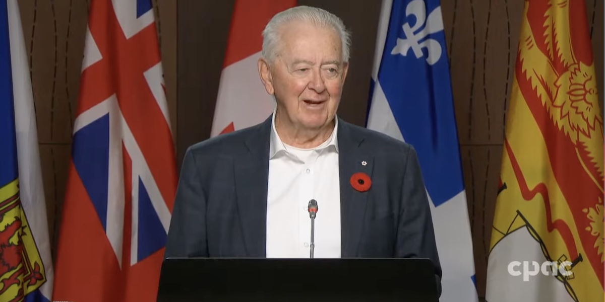 A screenshot of Preston Manning at yesterday’s Ottawa news conference about his planned partisan pandemic inquiry.