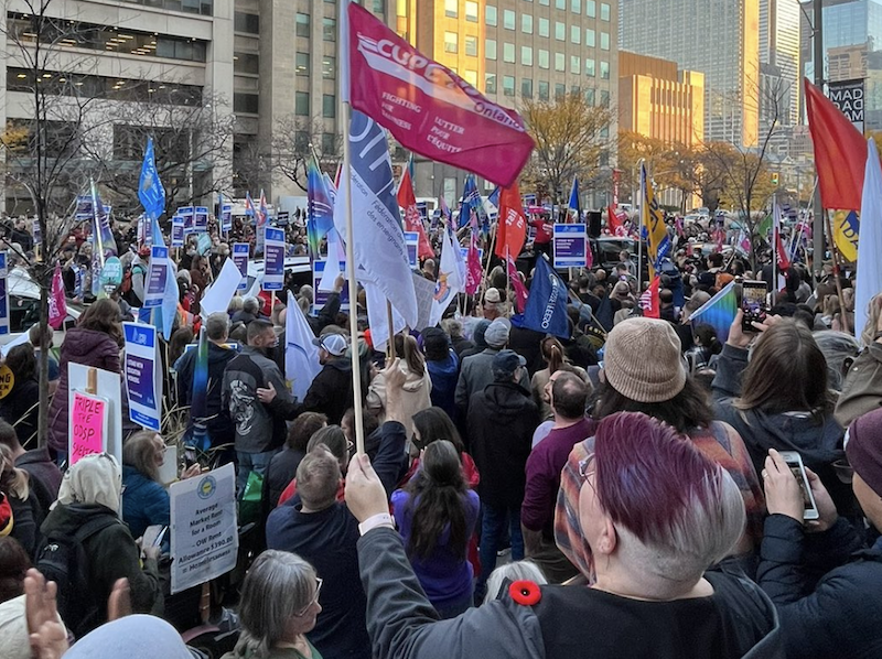 A photo of supporters of CUPE education workers demonstrate in Toronto Tuesday.