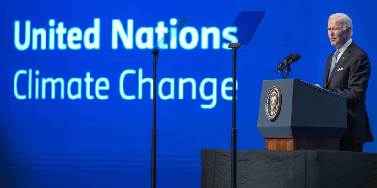 A photo of U.S. President Joe Biden speaking at COP27.