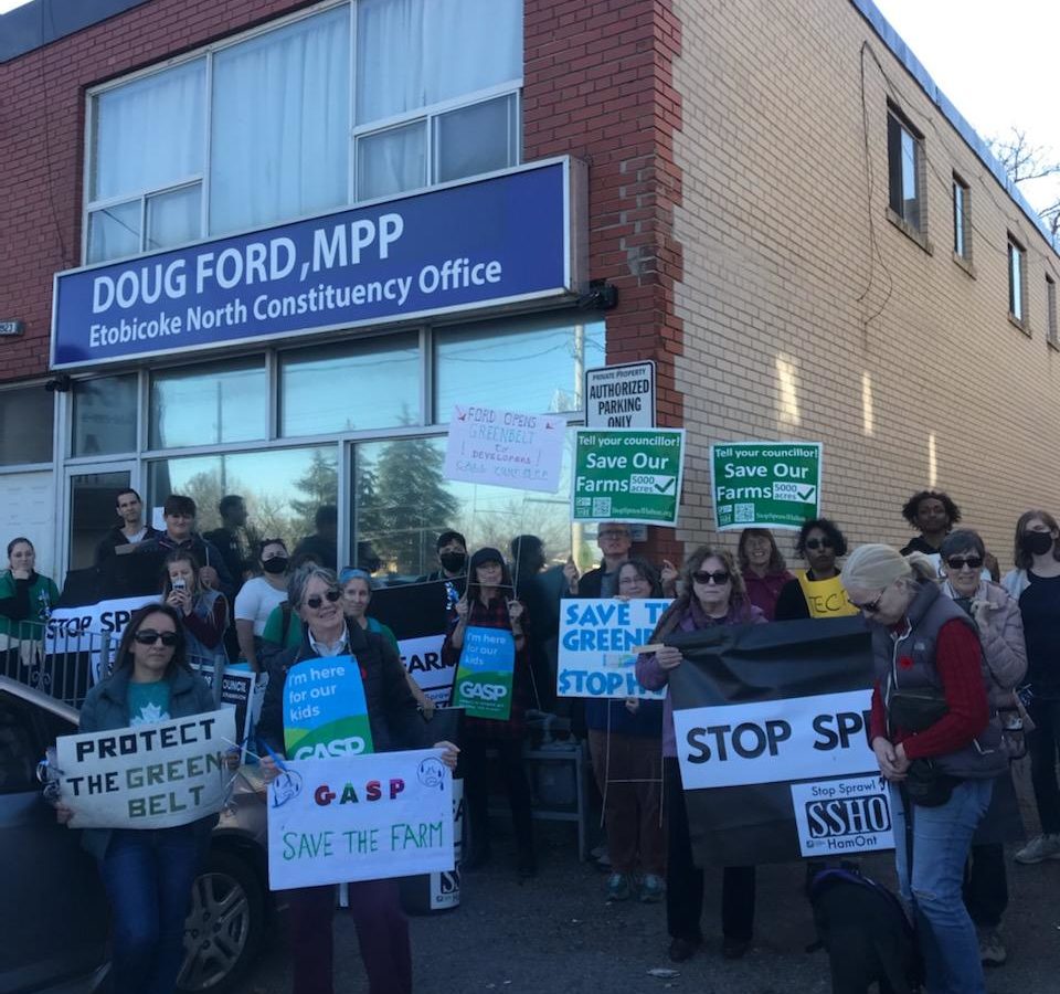 A photo of a Stop Sprawl Halton and Stop Sprawl Hamilton outside Doug Ford's constituency office November 10th.