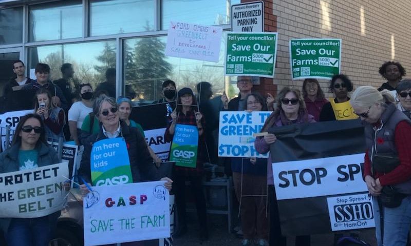 A photo of a Stop Sprawl Halton and Stop Sprawl Hamilton outside Doug Ford's constituency office November 10th.