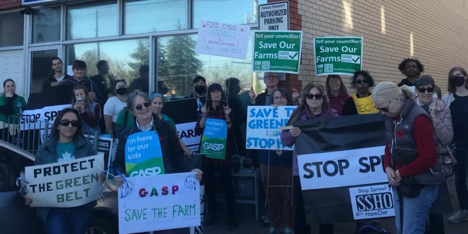 A photo of a Stop Sprawl Halton and Stop Sprawl Hamilton outside Doug Ford's constituency office November 10th.