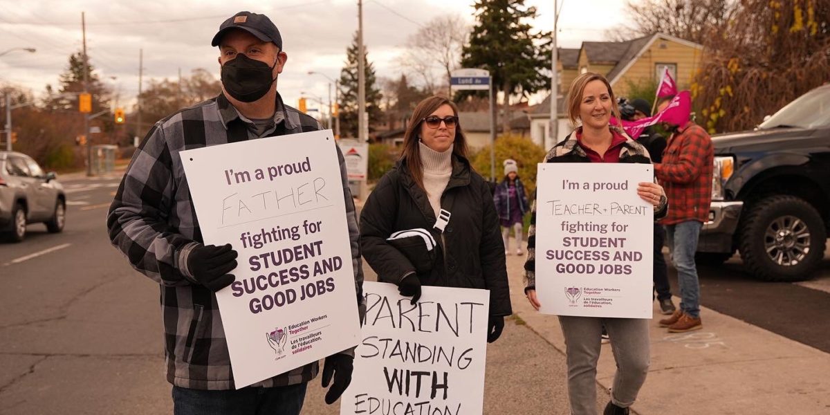 A group of protesters gathered to support CUPE Ontario earlier this month.