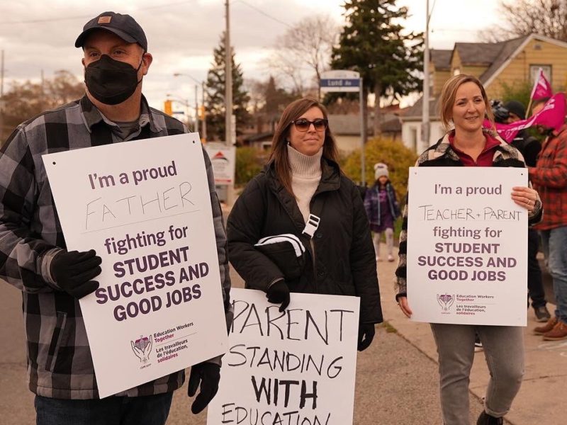 A group of protesters gathered to support CUPE Ontario earlier this month.