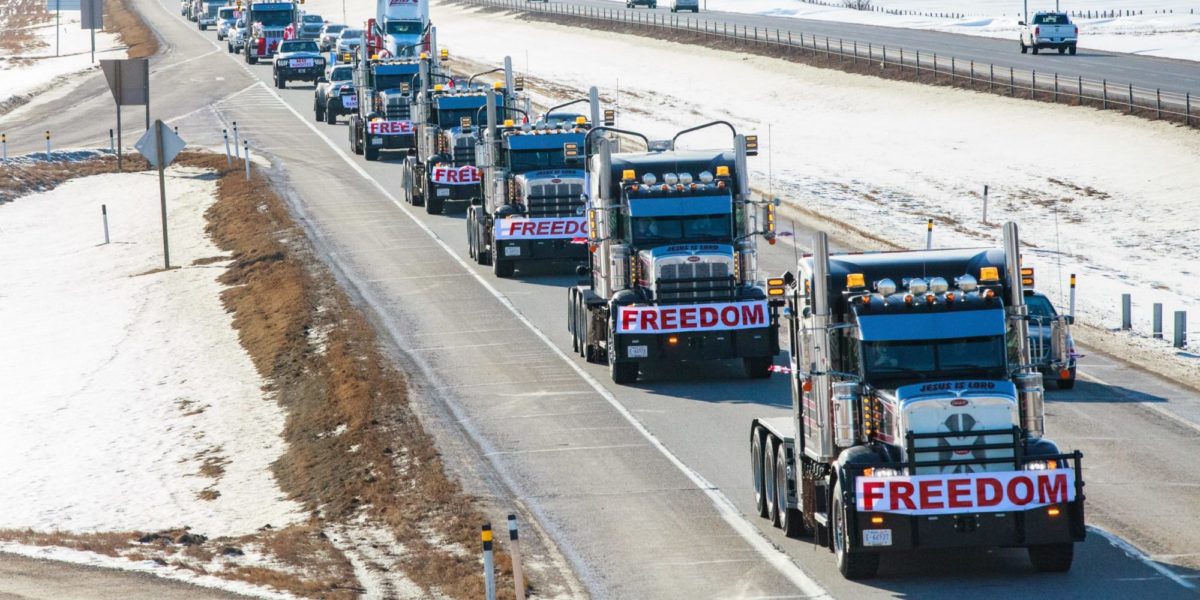 A photo of trucks in Alberta on their way to the Legislature Building in Edmonton in support of the so-called "Freedom Convoy" in January.