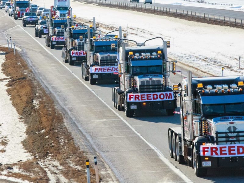 A photo of trucks in Alberta on their way to the Legislature Building in Edmonton in support of the so-called "Freedom Convoy" in January.