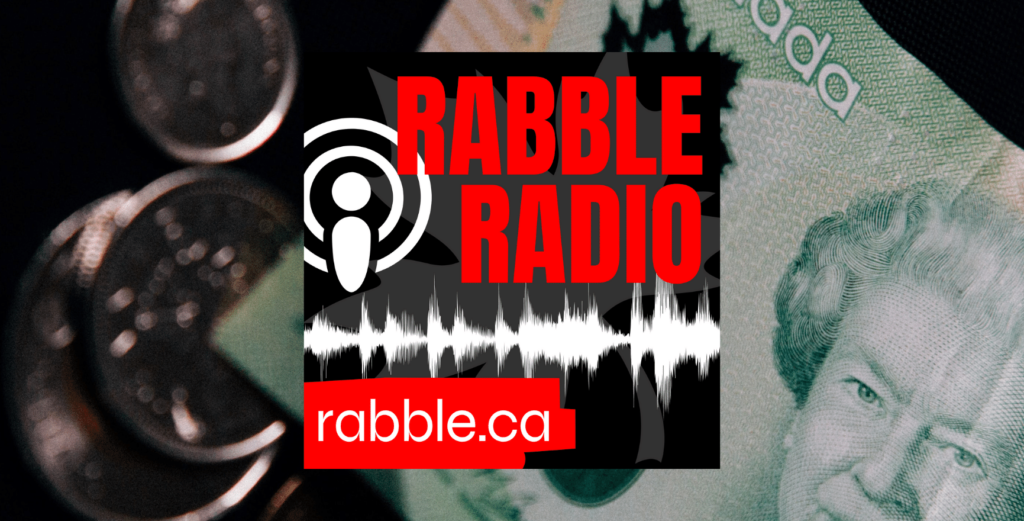 A promotional photo of rabble radio, with a photo of money behind it.