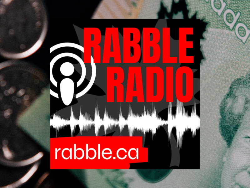 A promotional photo of rabble radio, with a photo of money behind it.