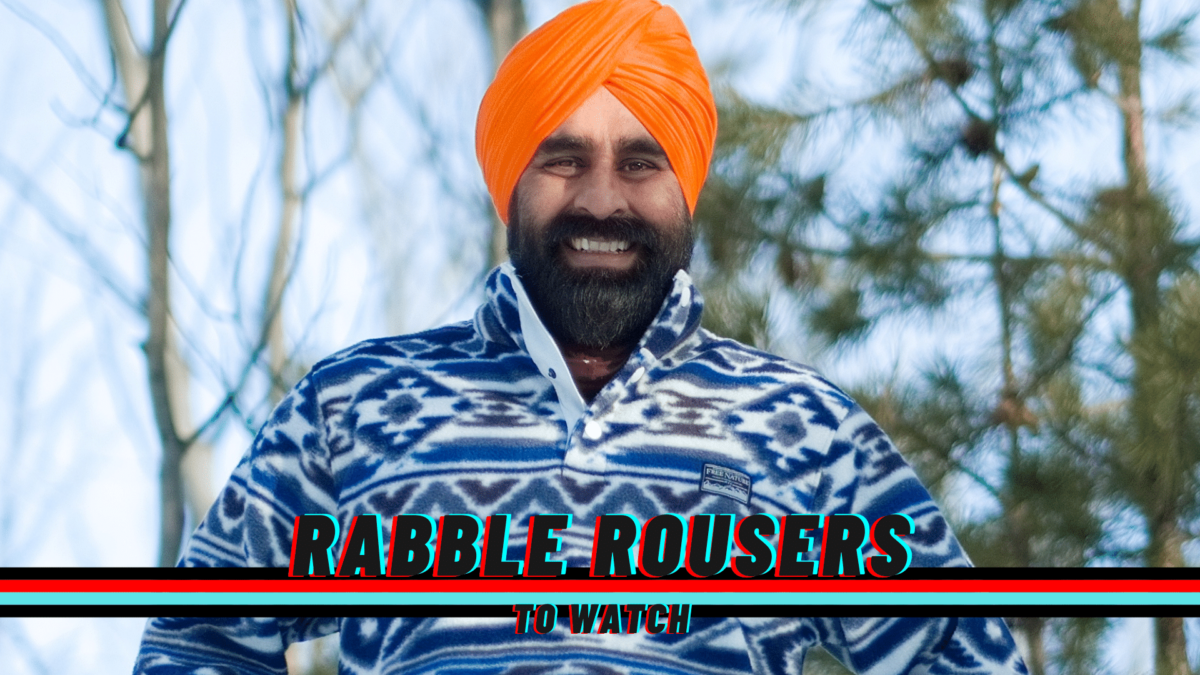 A photo of Gurdeep Pandher with the rabble rouser to watch logo across the bottom of the photo.