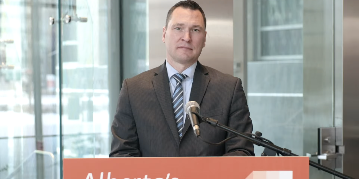 A screenshot of NDP Economic Development Critic Deron Bilous at Sunday morning’s Opposition news conference on the government’s ridiculous Alberta Sovereignty within a United Canada Act.