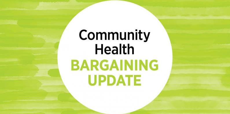 An image of a white circle on green background. Inside the circle is text that reads, "Community health bargaining update"