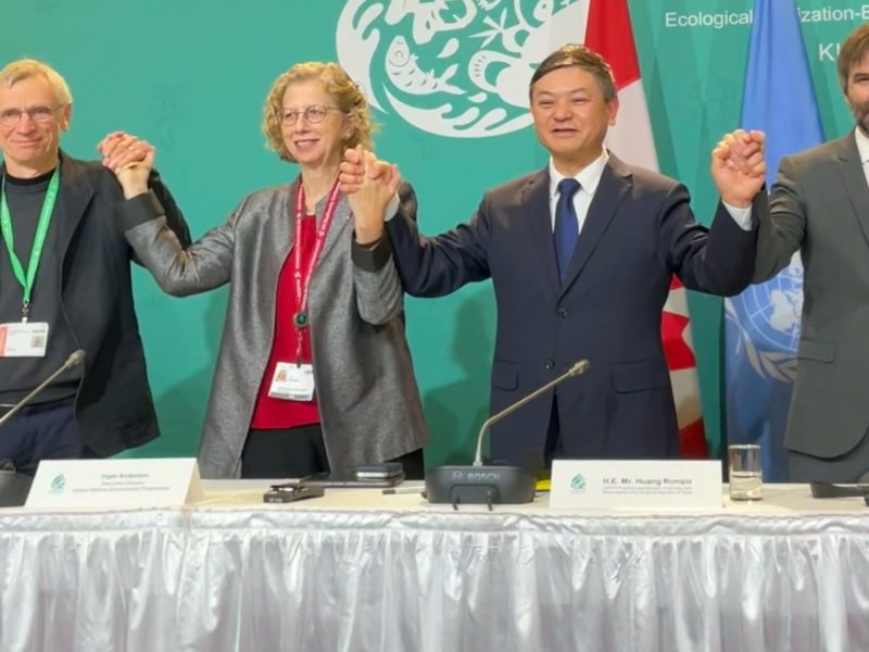 Canada's Environment Minister Steven Guilbeault celebrates with international partners at COP15.