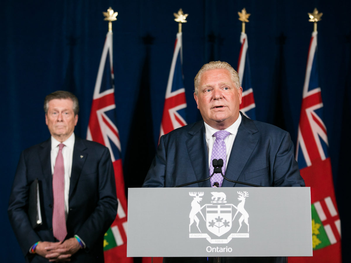 Photo of Ontario Premier Doug Ford and Toronto Mayor John Tory (L), who has accepted Ford's anti-democratic plan for minority rule.