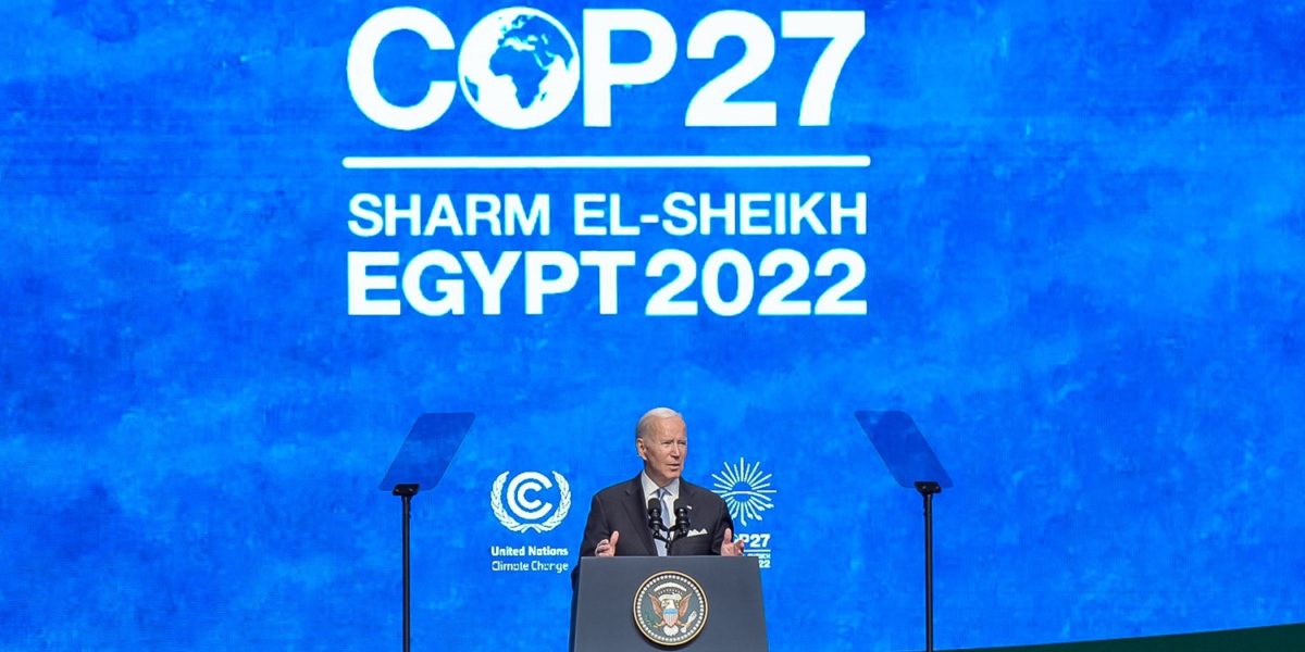 A photo of U.S president Joe Biden speaking at COP 27.