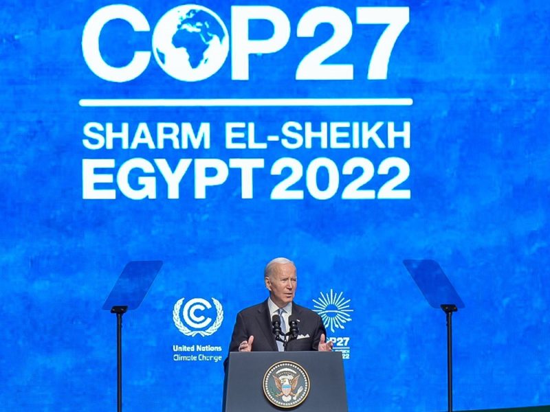 A photo of U.S president Joe Biden speaking at COP 27.