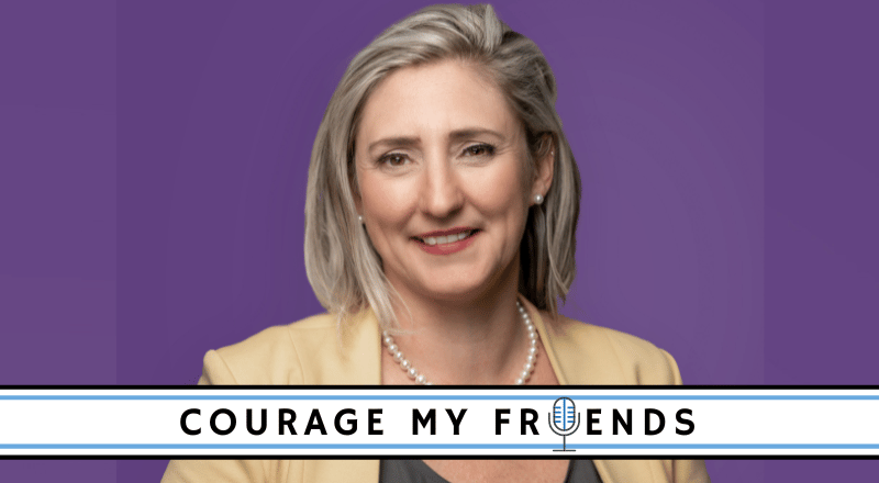 Laura Walton smiling. Courage My Friends logo.