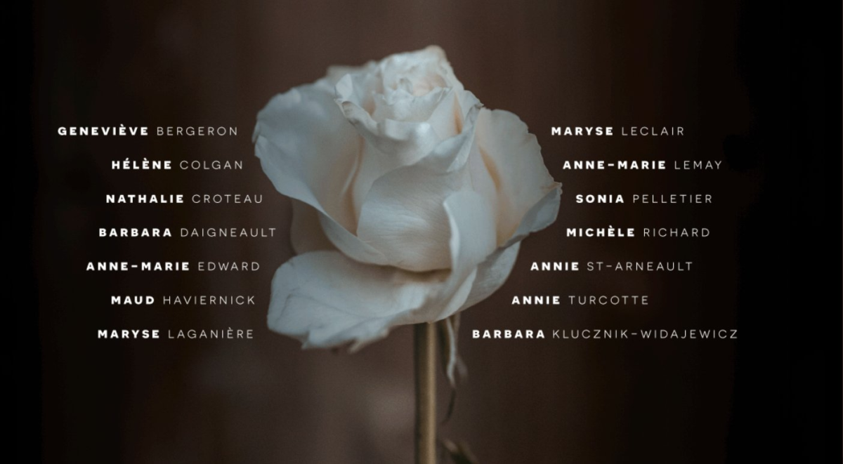 A photo of a white rose surrounded by the names of those killed during the massacre at Polytechnique 33 years ago.