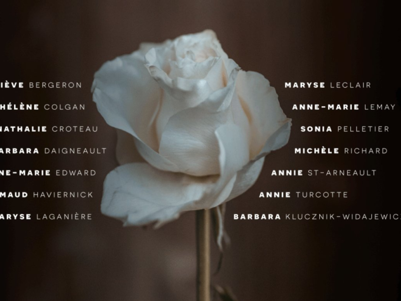 A photo of a white rose surrounded by the names of those killed during the massacre at Polytechnique 33 years ago.