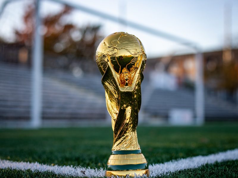 A photo of a World Cup football trophy with soccer net in the background.