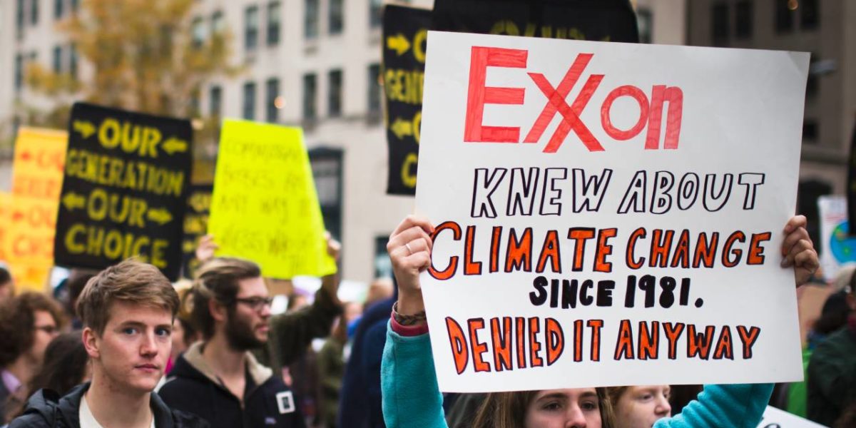 A sign condemning Exxon at a climate protest in 2015.