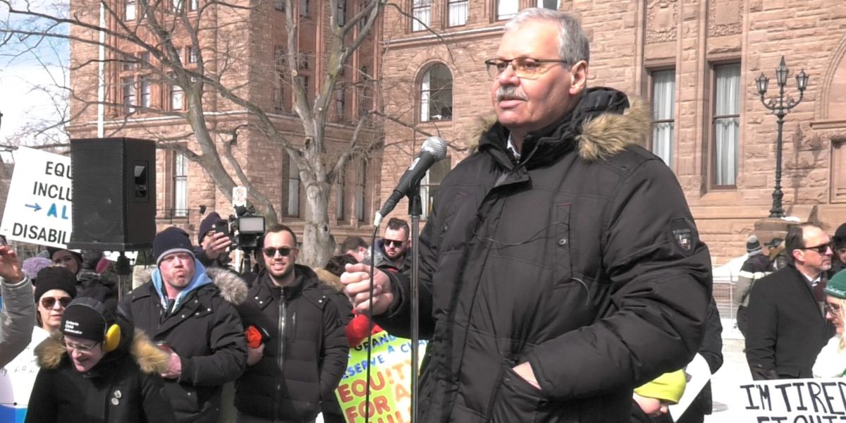 Former OPSEU president Warren "Smokey" Thomas speaking at an OPSEU event in 2020.