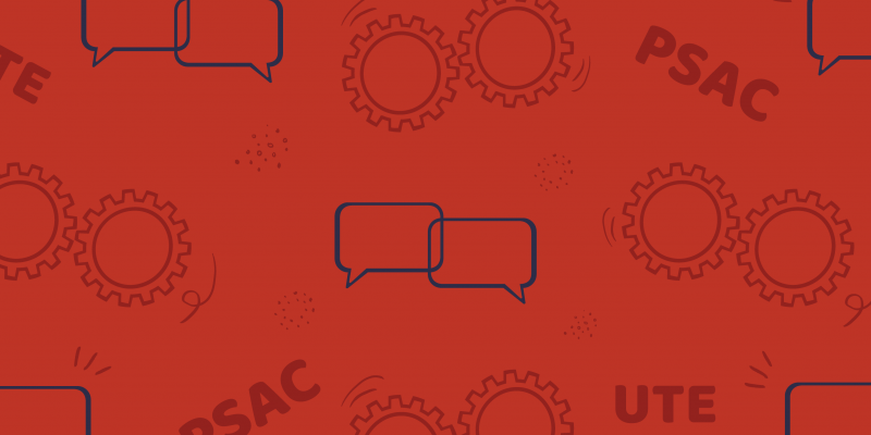 A digital poster with with an array of the PSAC logo and empty speech bubbles on a red background. PSAC represents workers at the Canada Revenue Agency.