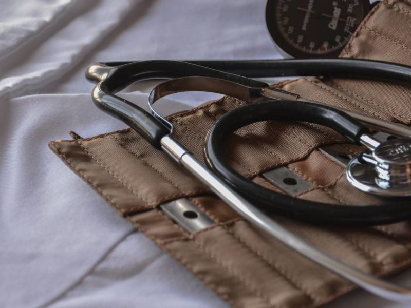 A stethoscope and blood pressure monitor.