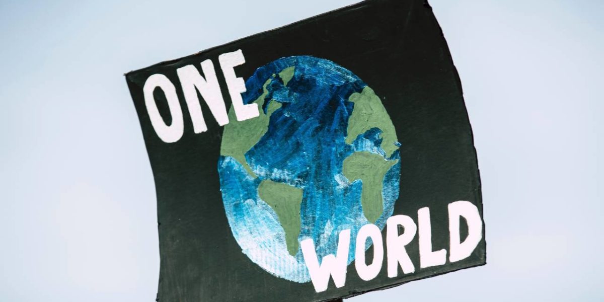 A climate crisis protest sign featuring a globe and the words "One World."