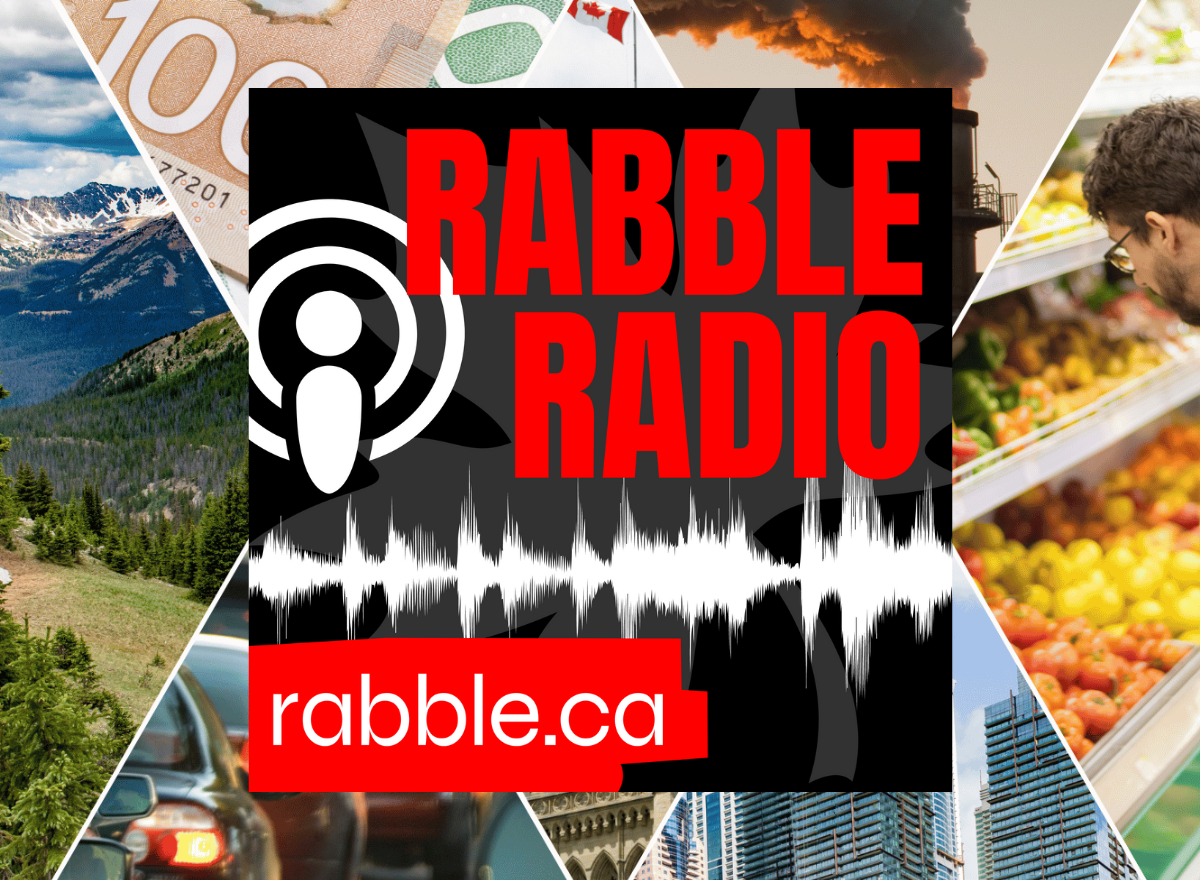 rabble radio logo with photo collage of groceries, environment, traffic images in the background