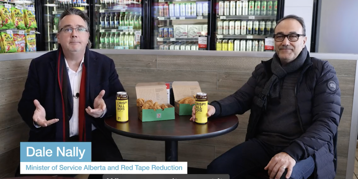 Dale Nally and his otherwise unidentified pal Larry having a daytime can of Crispy Tall Bois pilsner in an Edmonton 7-Eleven.