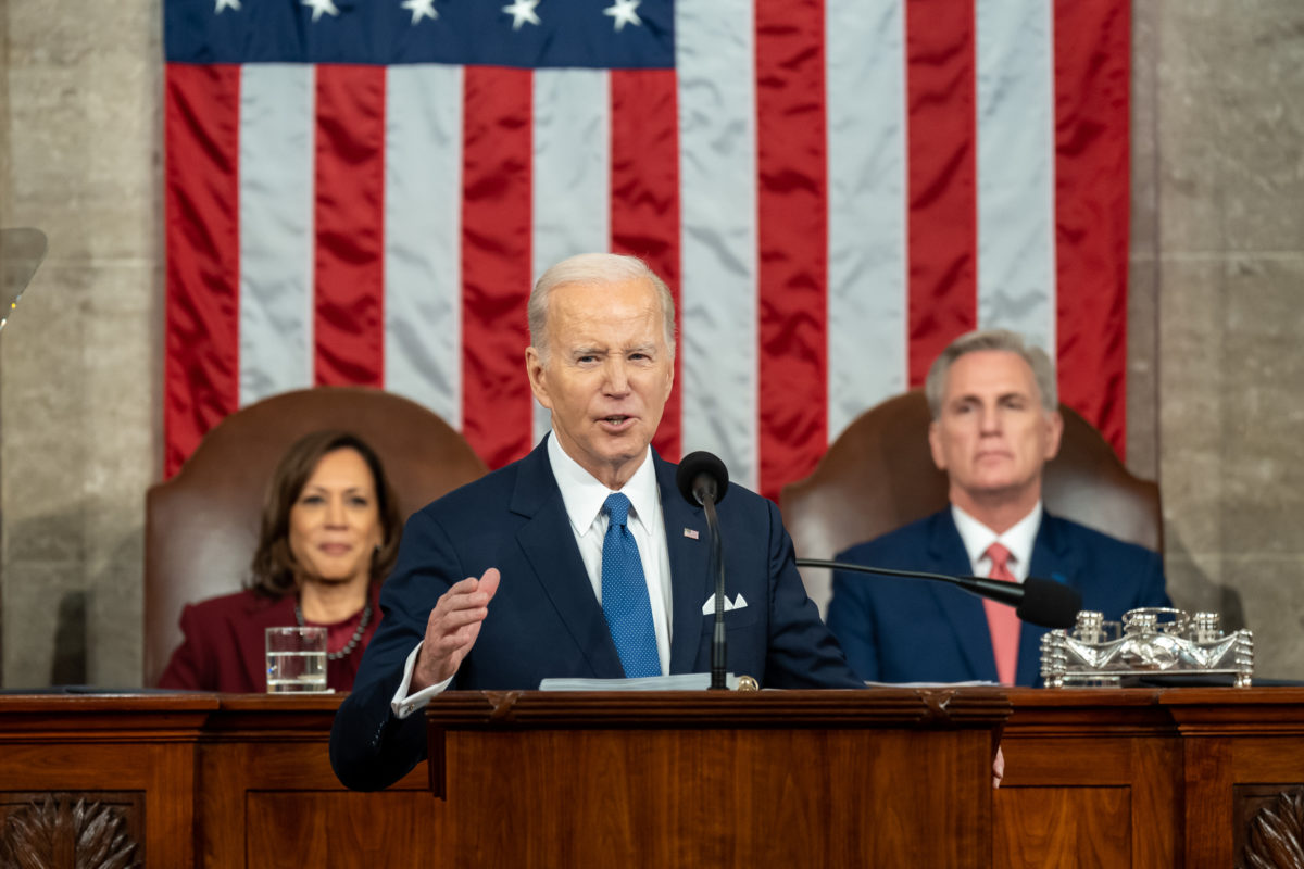 A photo of U.S. President Joe Biden delivering the 2023 State of the Union address to a Republican-controlled House.