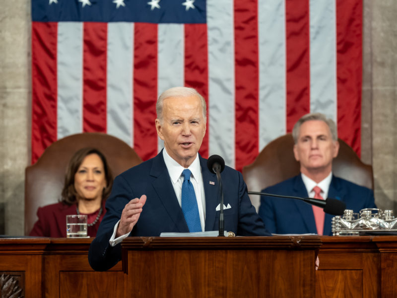 A photo of U.S. President Joe Biden delivering the 2023 State of the Union address to a Republican-controlled House.