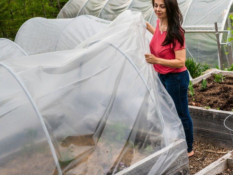 An image of a woman putting a cover over some gardening beds outside