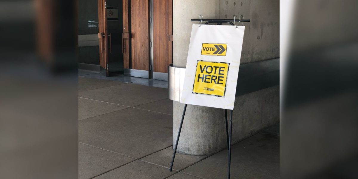 A sign for a polling station in the 2018 municipal election in Toronto.