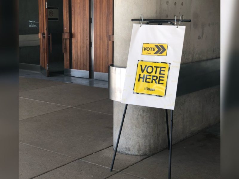 A sign for a polling station in the 2018 municipal election in Toronto.