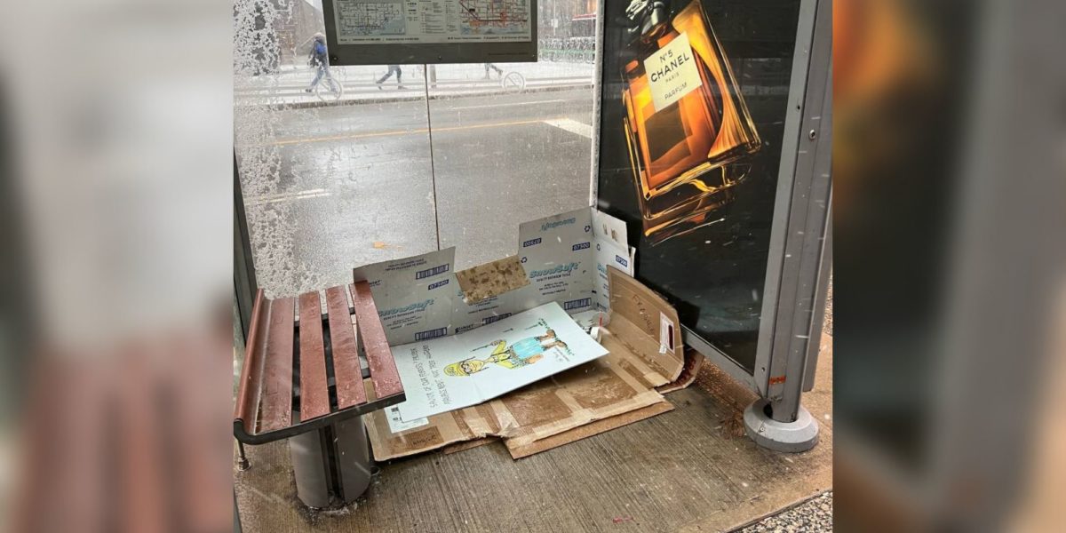 A bed of cardboard boxes inside of a bus shelter.