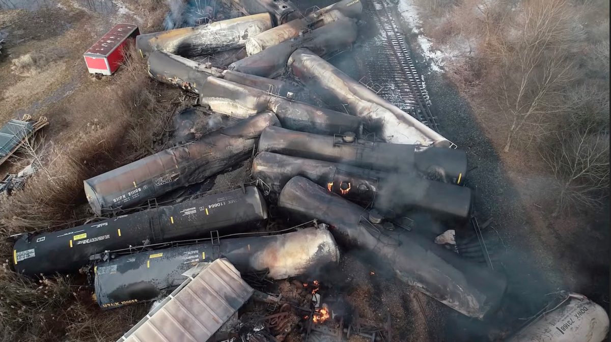 An image of drone footage showing the freight train derailment in East Palestine, Ohio.