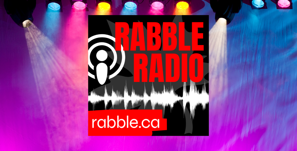 promotional photo of rabble radio, with coloured spotlights in the background